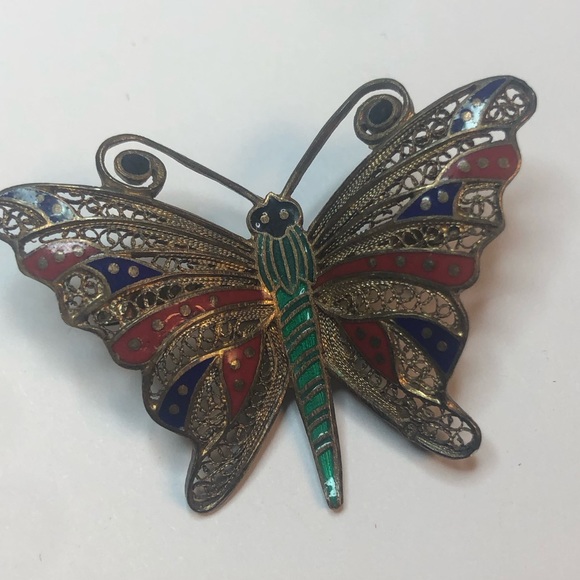 STERLING 925 TOPAZIO PORTUGAL FILIGREE ENAMEL BUTTERFLY PIN - Picture 7 of 8